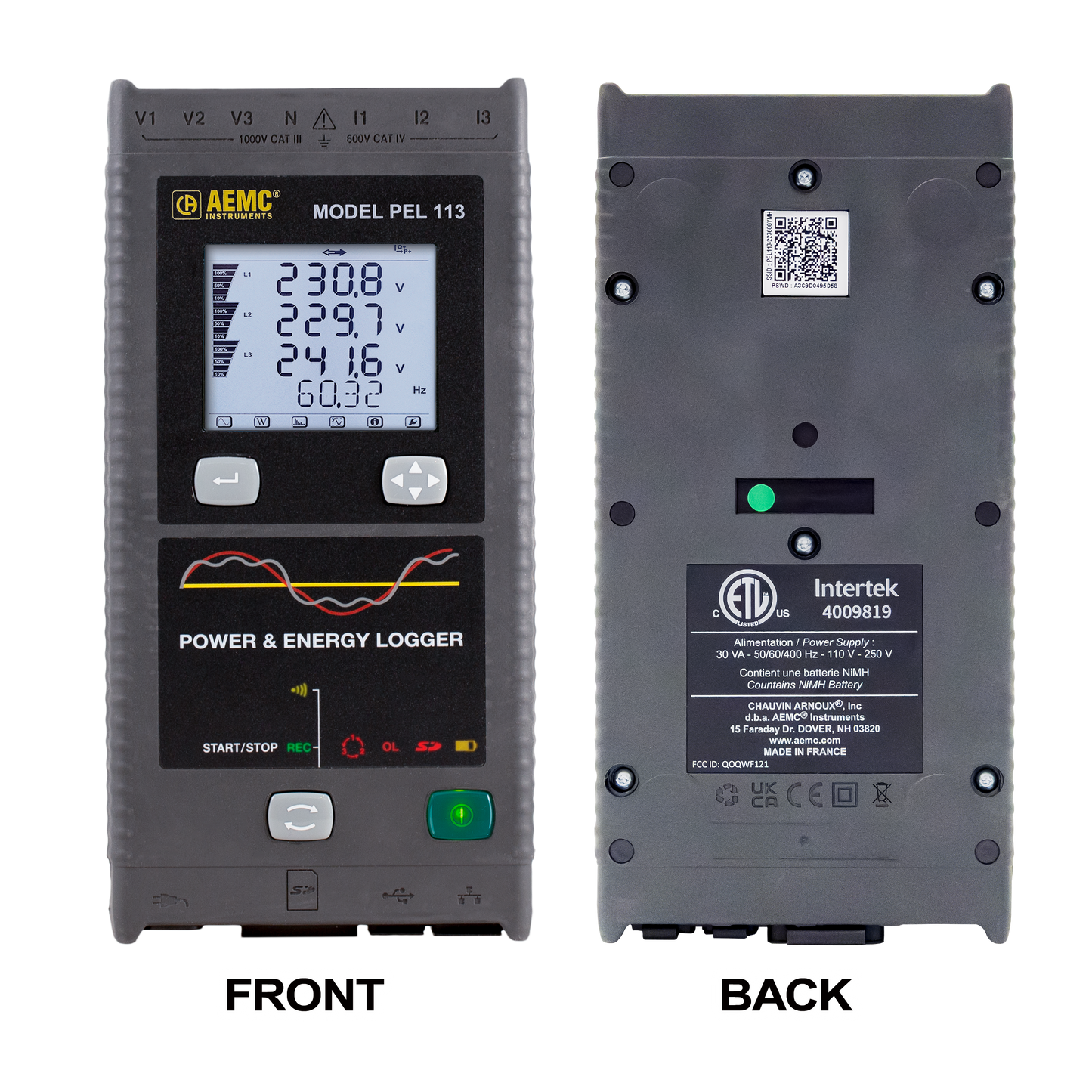 AEMC PEL 113 power logger kit with LCD display, 3 MiniFlex sensors, and accessories