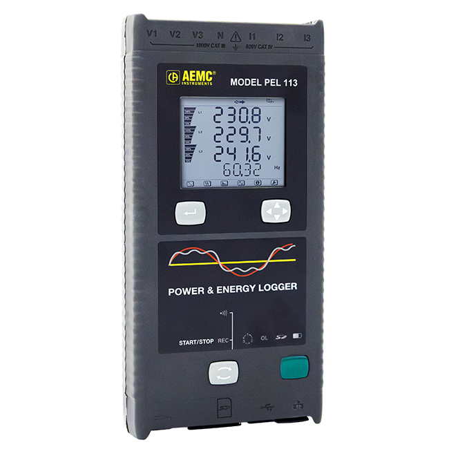AEMC PEL 113 power logger kit with LCD display, 3 MiniFlex sensors, and accessories