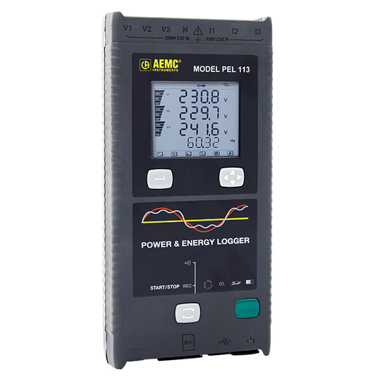 AEMC PEL 113 power logger kit with LCD display, 3 MiniFlex sensors, and accessories