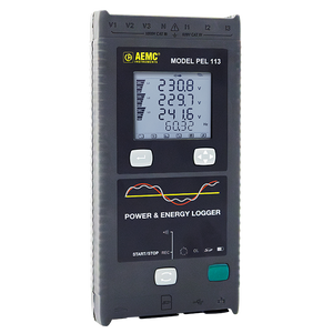 AEMC PEL 113 power logger kit with LCD display, 3 MiniFlex sensors, and accessories